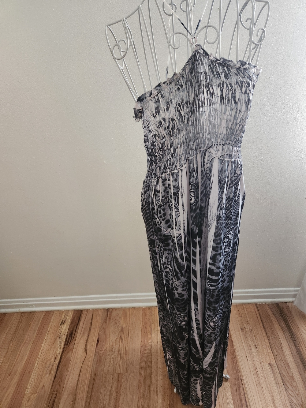 Chesley Smocked Halter Maxi Dress Black Grey White Abstract Animal Print